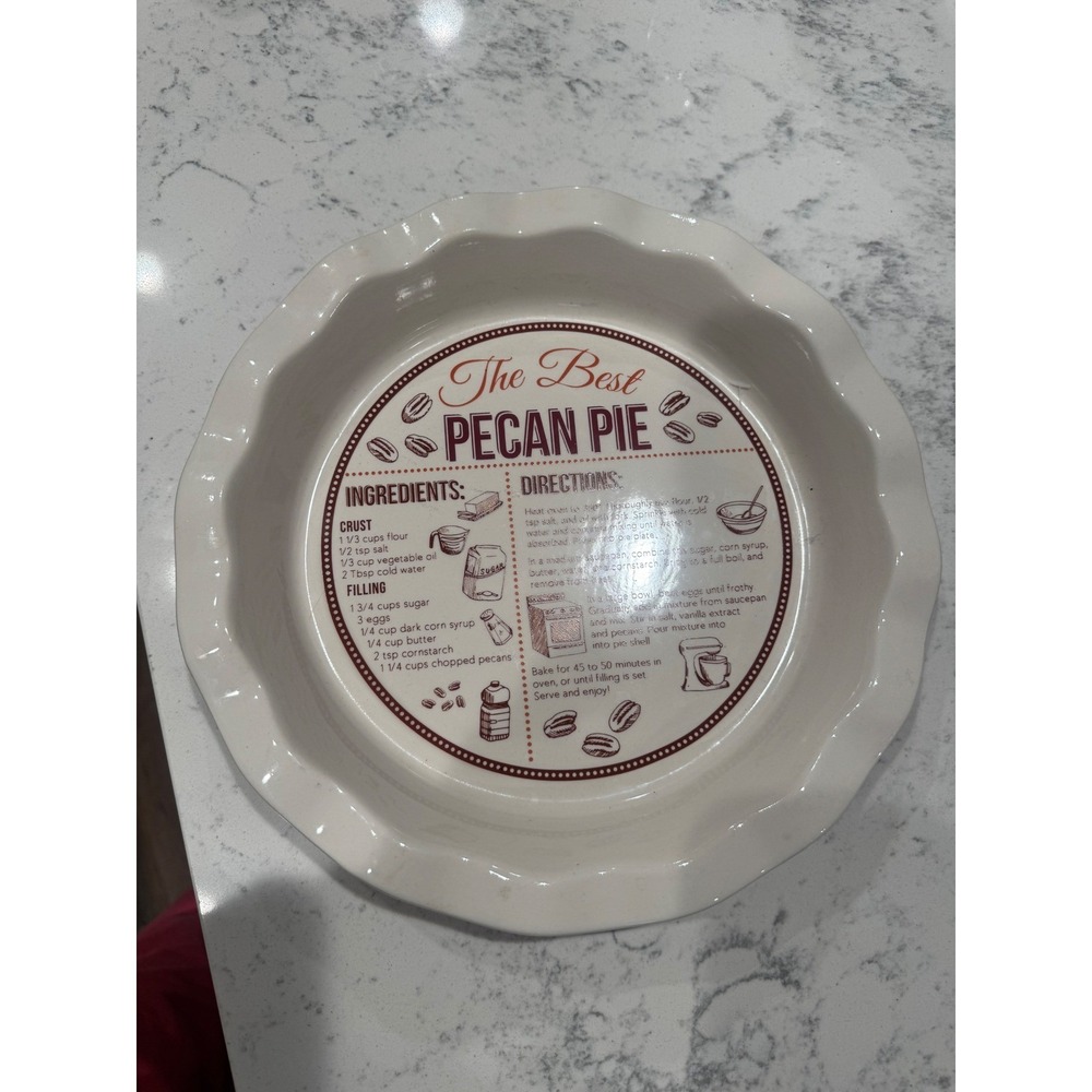 DEI The Best Pecan Pie Recipe Ceramic Pie Dish Scalloped Edge Brown Cream 10in